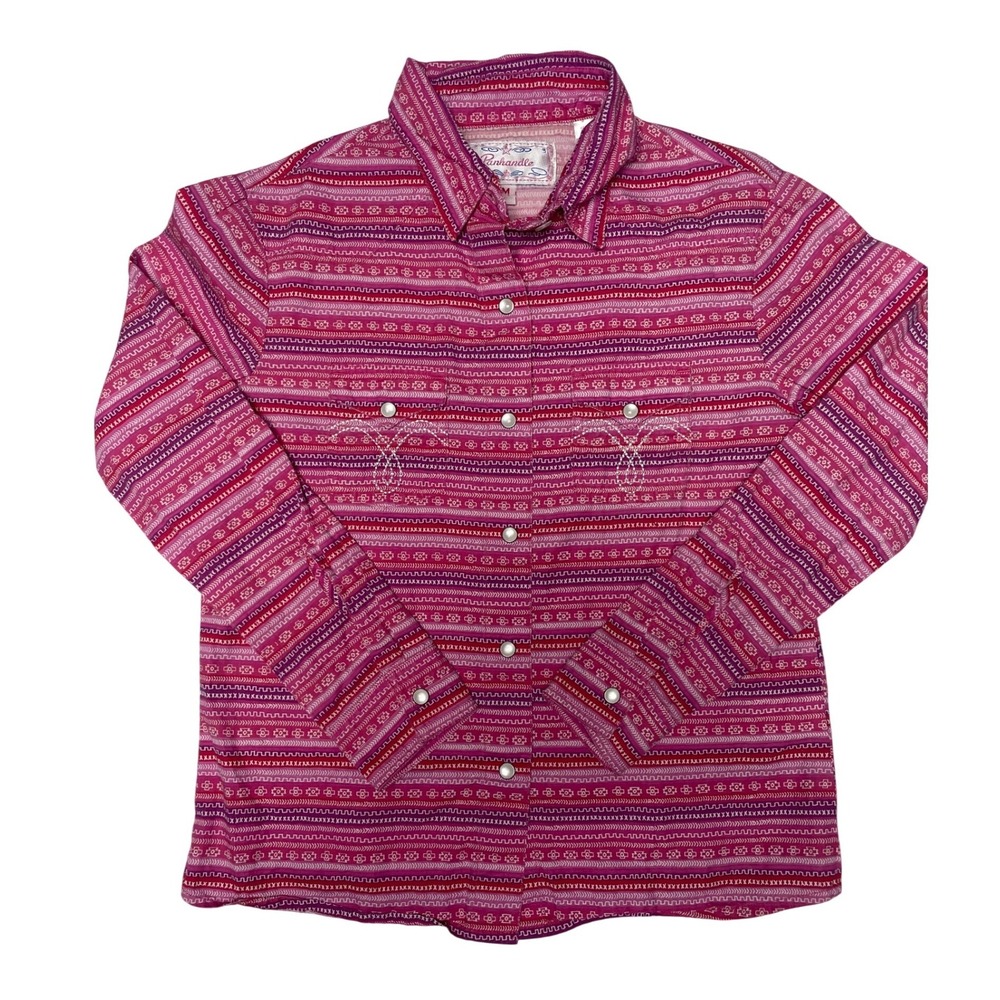 Panhandle Western Pink Purple Aztec Pearl Snap Long Sleeve Shirt Girls Medium